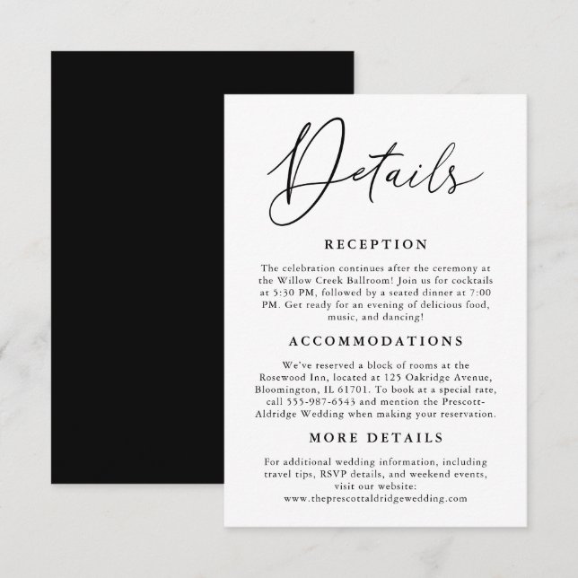 Simple Black And White Calligraphy Details Enclosure Card (Front/Back)