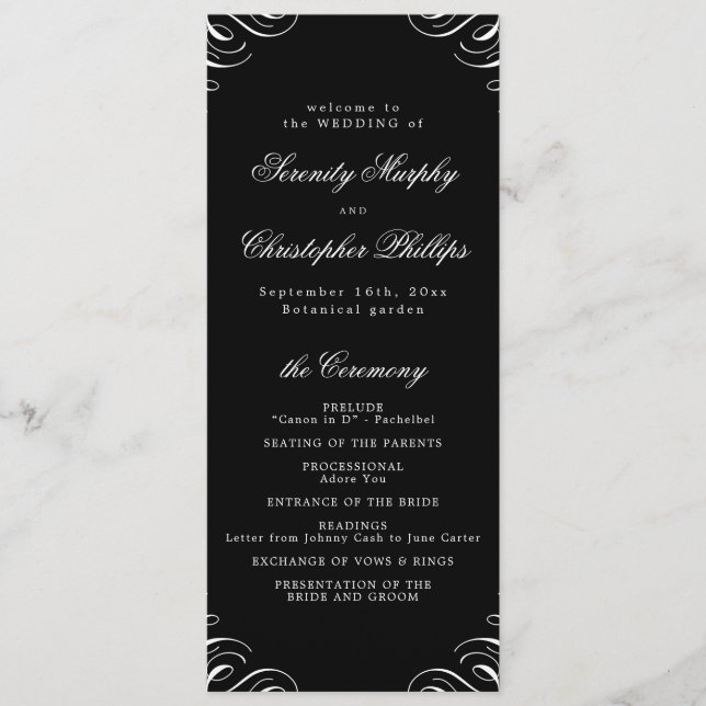 Simple black and white Calligraphy Wedding Program (Front)