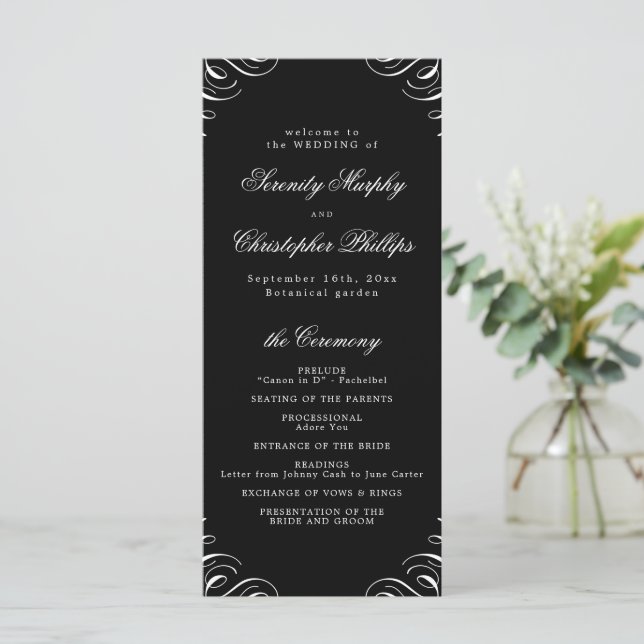 Simple black and white Calligraphy Wedding Program (Standing Front)