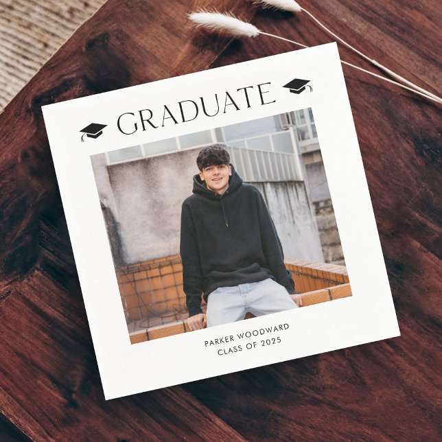Simple black and white cap photo graduation  napkins (Simple black and white cap photo graduation party napkins.)