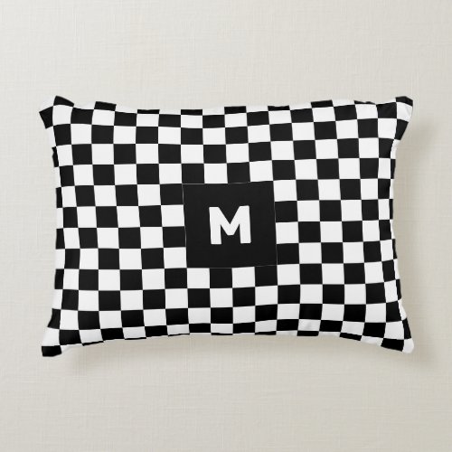 Simple Black and White Checkered Pattern Monogram Accent Pillow