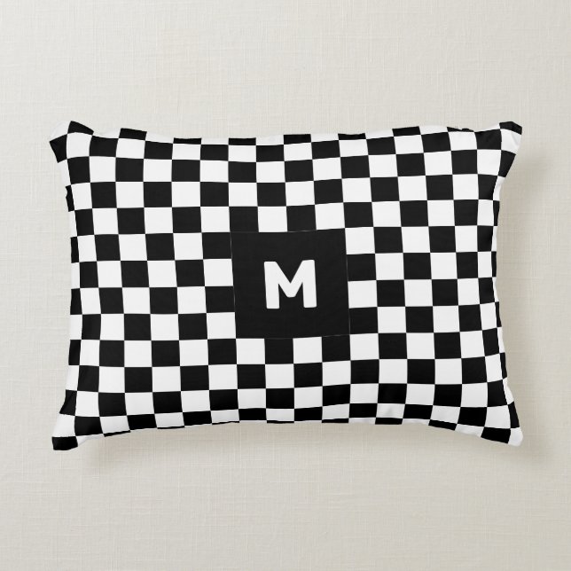 Simple Black and White Checkered Pattern Monogram Accent Pillow (Front)