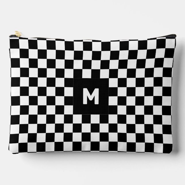 Simple Black and White Checkered Pattern Monogram Accessory Pouch (Front)
