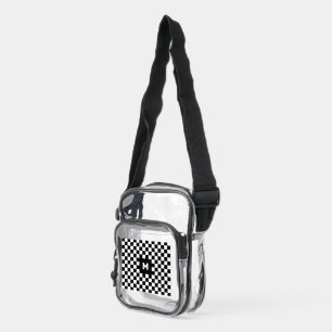 Simple Black and White Checkered Pattern Monogram Clear Crossbody Bag