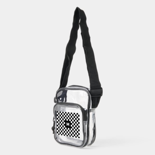 Simple Black and White Checkered Pattern Monogram Clear Crossbody Bag (Left)