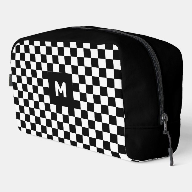 Simple Black and White Checkered Pattern Monogram Dopp Kit (Right Corner)