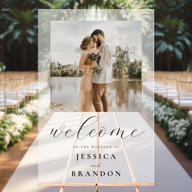 Simple Black and White Chic Photo Wedding Welcome Acrylic Sign (Creator Uploaded)