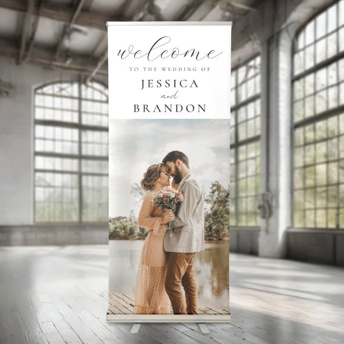 Simple Black and White Chic Photo Wedding Welcome Retractable Banner