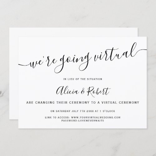 Simple black and white chic script virtual wedding invitation