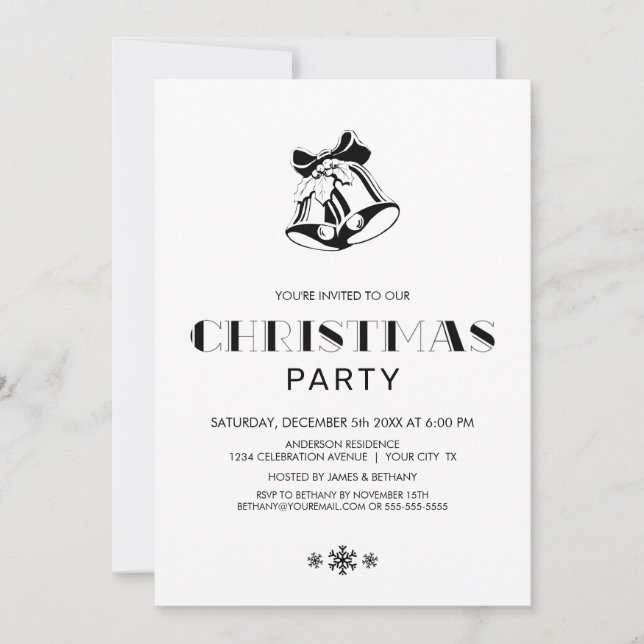 Simple Black and White Christmas Bells Party Invitation (Front)