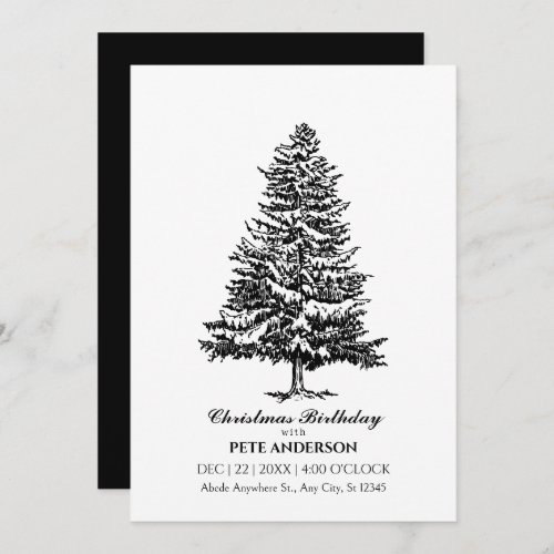 Simple Black and white christmas tree birthday Invitation