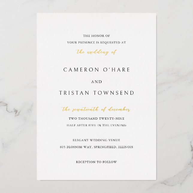 Simple Black and White Clean Wedding Foil Invitation (Front)