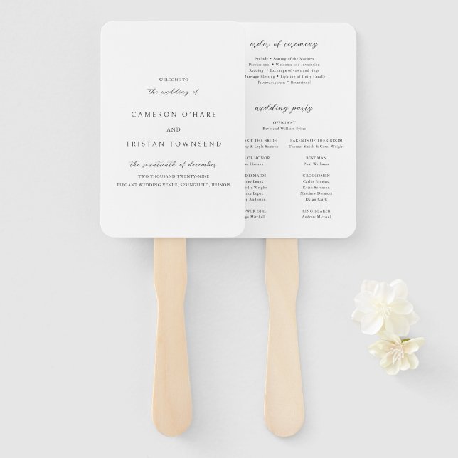 Simple Black and White Clean Wedding Program Hand Fan (Front and Back)