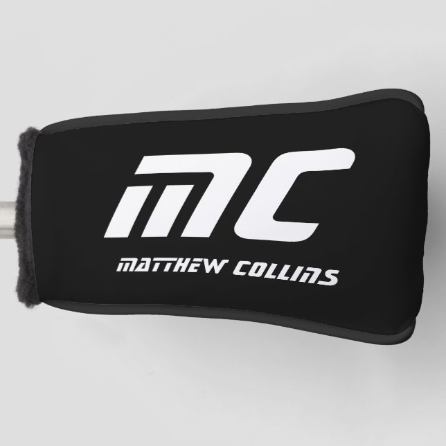 Simple Black and White Cool Personalized Monogram Golf Head Cover (Front)