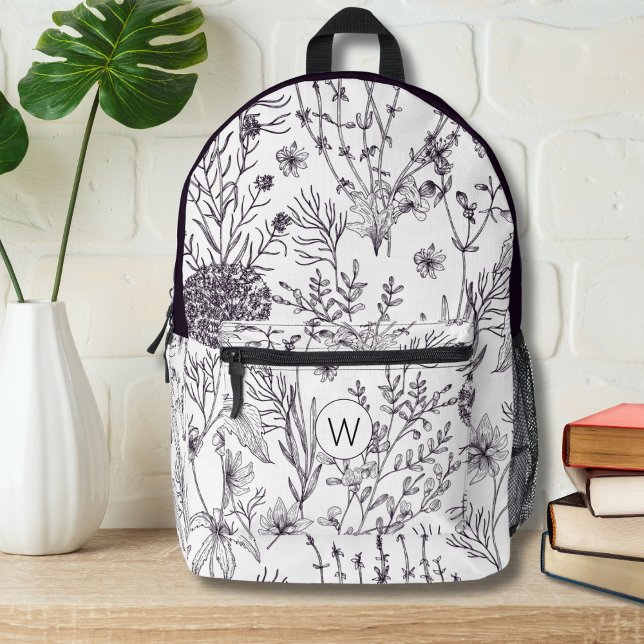 Simple Black and White Country Floral Monogram  Printed Backpack (Creator Uploaded)