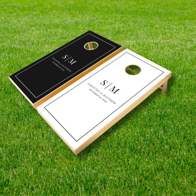 Simple Black and White Couple Initials Monogram Cornhole Set (Black and White Couple Initials Monogram Wedding Cornhole Set)
