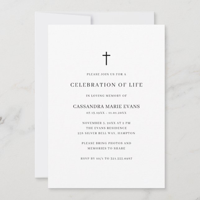Simple Black and White Cross Celebration of Life Invitation (Front)