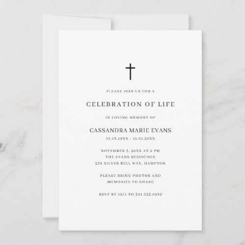 Simple Black and White Cross Celebration of Life Invitation