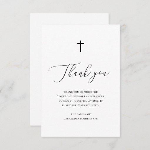 Simple Black and White Cross Sympathy Funeral Thank You Card | Zazzle