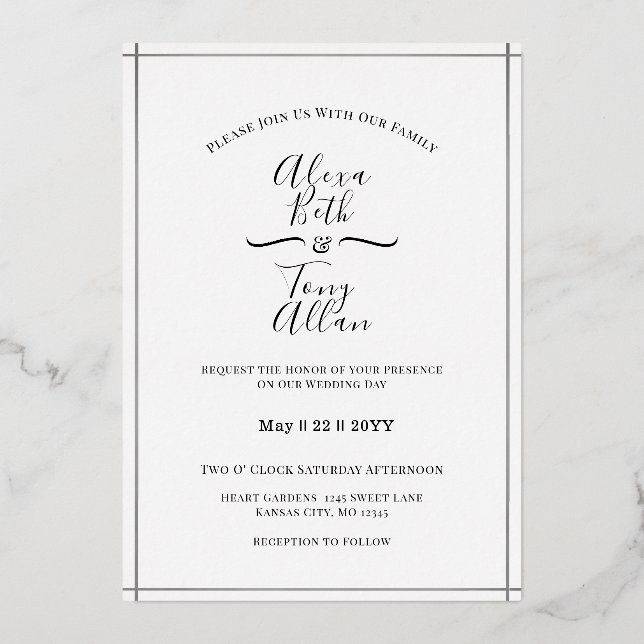 Simple Black and White Custom Silver Foil Invitation (Front)