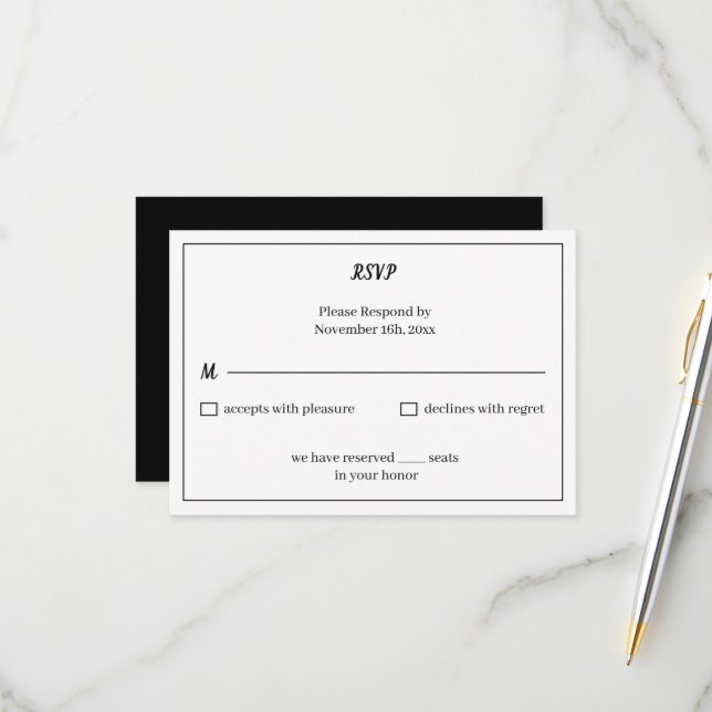 Simple Black and White Customized Wedding RSVP Card (Front/Back In Situ)