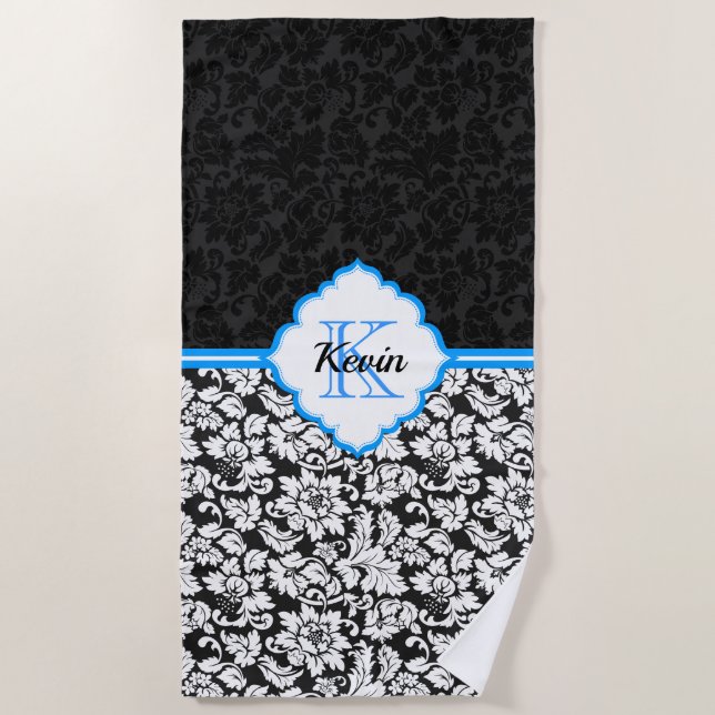 Simple Black And White Damask Beach Towel (Front)