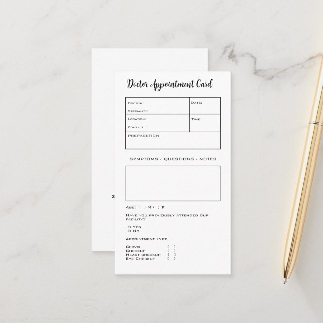 Simple Black and White Doctor Appointment Card  (Front/Back In Situ)