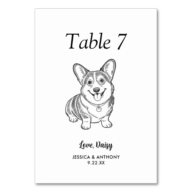 Simple Black and White Dog Wedding  Table Number (Front)
