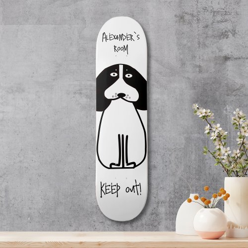 Simple Black and white doodle dog custom text Skateboard