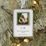 Simple Black and White Eegant First Christmas Christmas Ornament<br><div class="desc">Did you get married this year? Add a memory to your tree with this simple keepsake photo ornament featuring a modern yet elegant design with your two letter monogram and your names and date in black over a white background. The fonts and background color may be changed to any colors...</div>