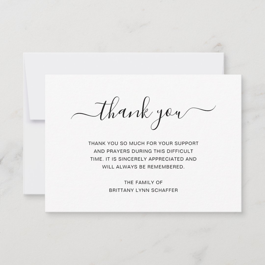 Simple Black and White Elegant Funeral Sympathy Thank You Card | Zazzle