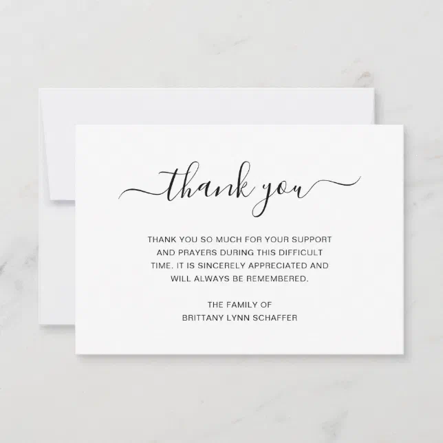 Simple Black and White Elegant Funeral Sympathy Thank You Card | Zazzle