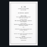 Simple Black and White Elegant Wedding Menu<br><div class="desc">Simple wedding menu featuring a modern yet elegant design with your two letter monogram along with your names and date surrounded by a thin border. All text is in black, over a white background and the backside is solid black. The fonts and background colors may be changed to any colors...</div>