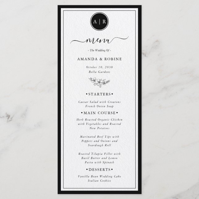 Simple Black and White Elegant Wedding Menu (Front)