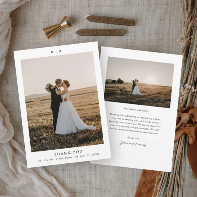 Simple Black and White Elegant Wedding Photo Thank You Card | Zazzle