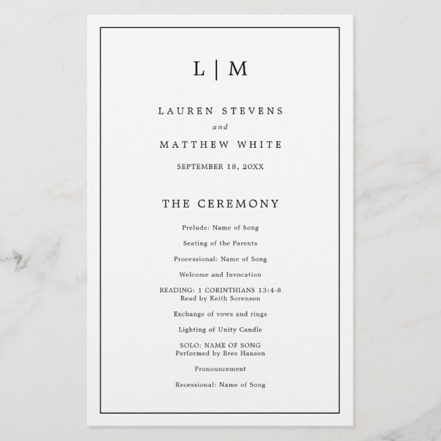 Simple Black and White Elegant Wedding Program (Front)