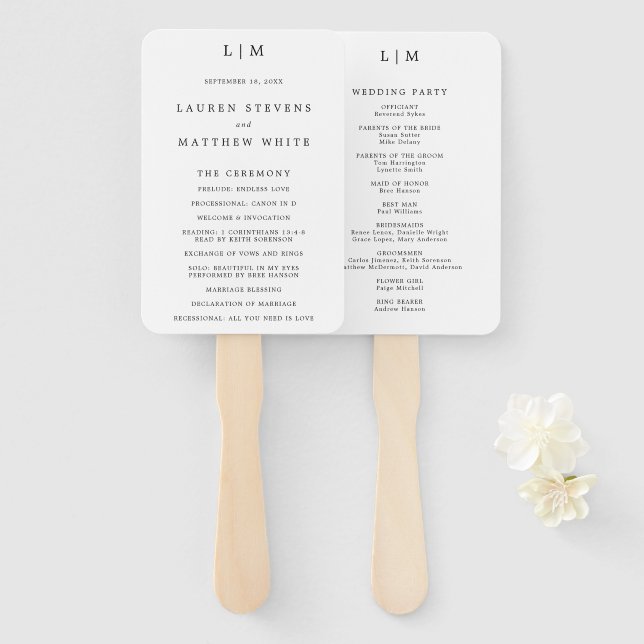 Simple Black and White Elegant Wedding Program Hand Fan (Front and Back)