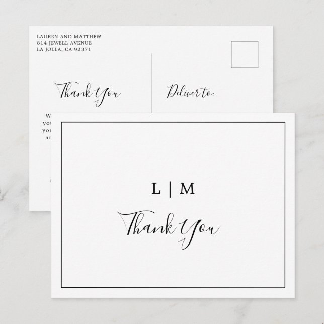 Simple Black and White Elegant Wedding Thank You Postcard (Front/Back)