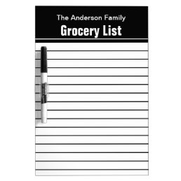 Simple Black and White Family Name Grocery List Dry Erase Board