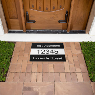 Simple Black and White Family Name Street Address  Doormat