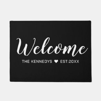 Simple Black And White Family Name Welcome Doormat