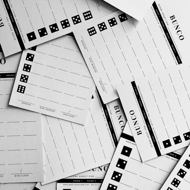 Simple Black and White Five Round Bunco Score Card (black and white modern and simple bunco scoring sheets)