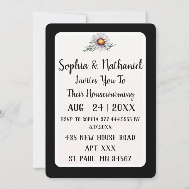 Simple Black and White Floral Accent Housewarming  Invitation (Front)