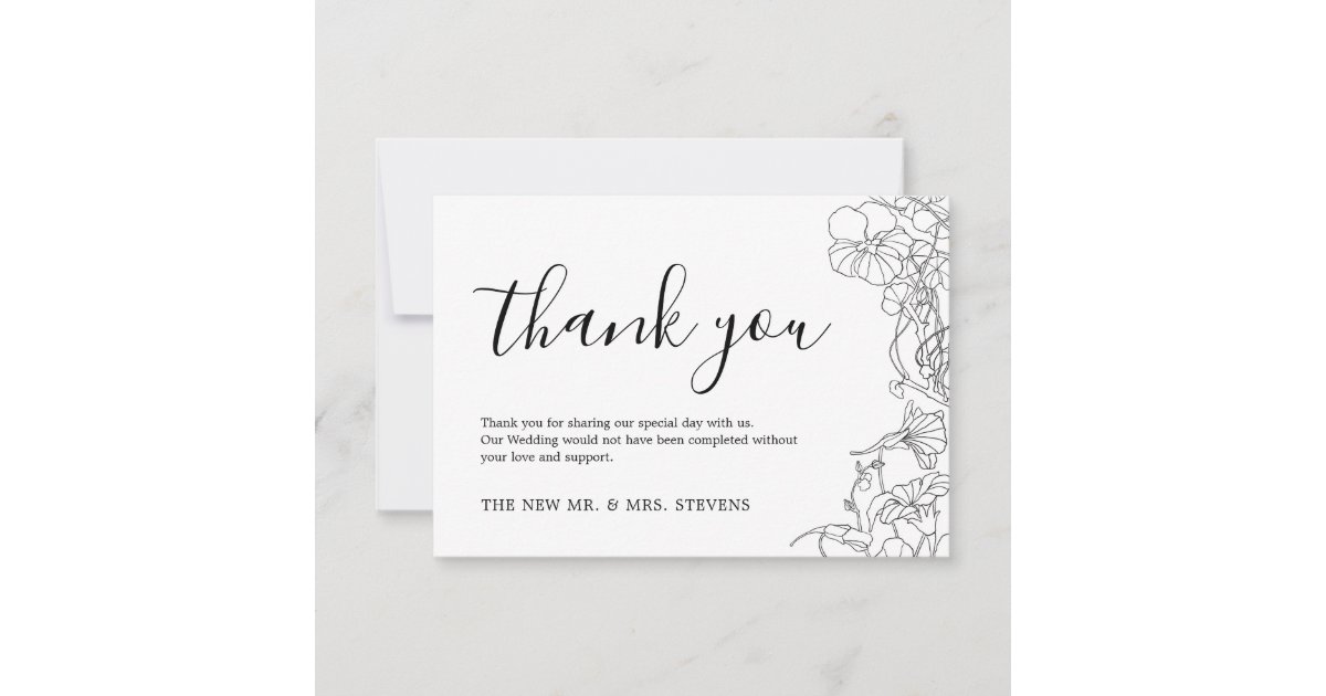 Simple Black and White Floral Wedding Thank You Card | Zazzle
