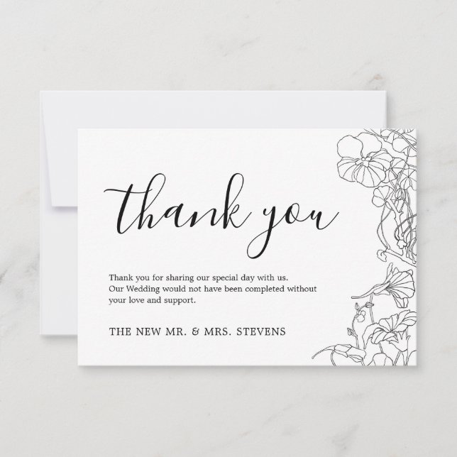 Simple Black and White Floral Wedding Thank You Card (Front)