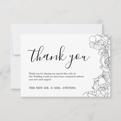 Simple Black and White Floral Wedding Thank You Card