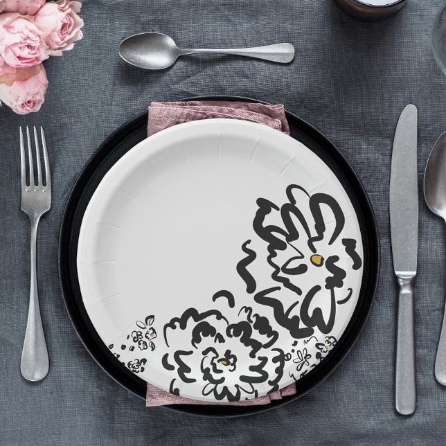 Simple Black and White Flower Drawing Party Paper Plates (Creator Uploaded)