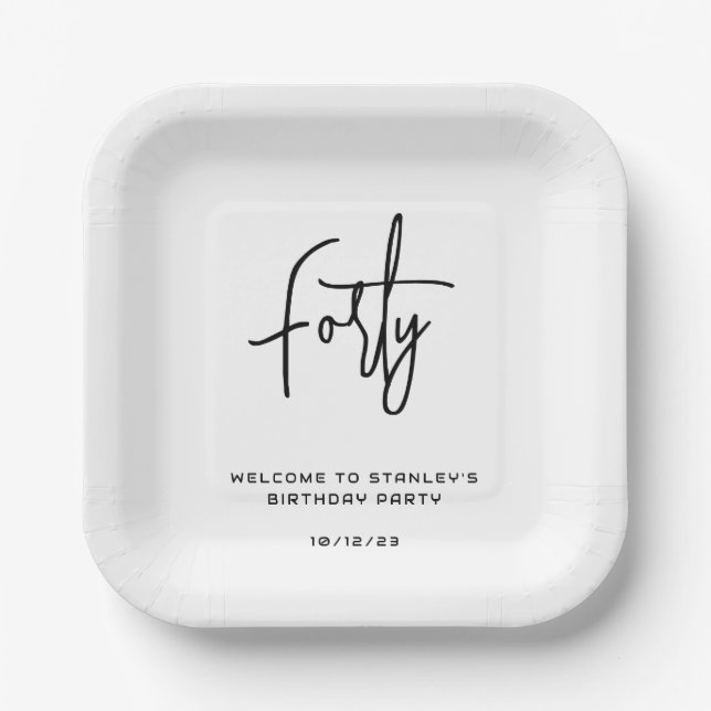 Simple Black and White Forty Birthday Party Paper Plates (Front)