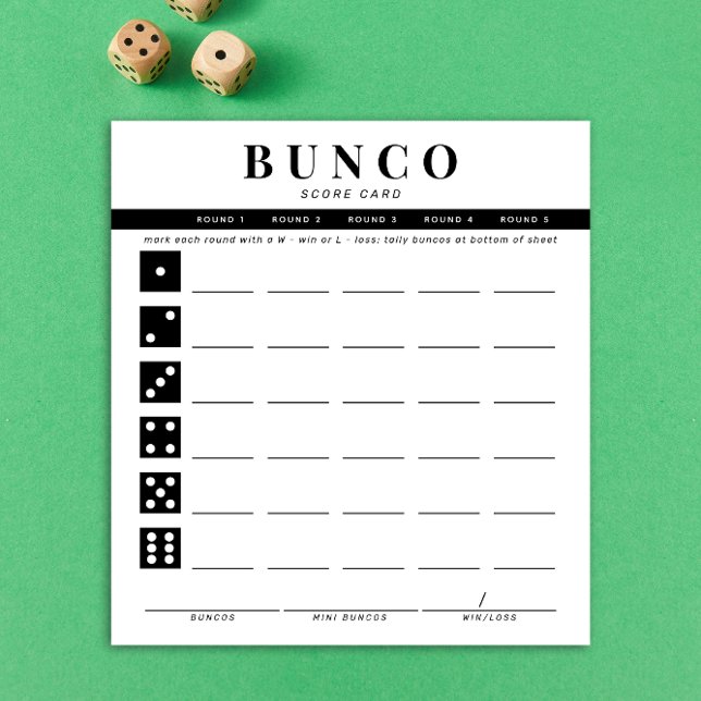 Simple Black and White Four Round Bunco Score Card (black and white Bunco dice game score card)
