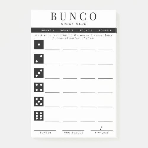 Simple Black and White Four Round Bunco Score Card Post_it Notes